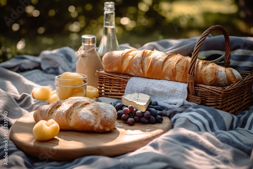 Picnic basket with fruit and vegetables on a blanket in the park. Summer picnic with fresh fruits and croissants in the garden. Selectiv focus.