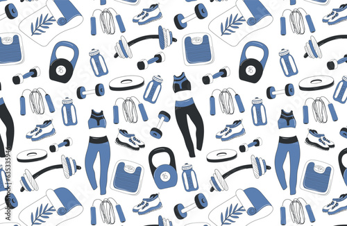 Seamless pattern with sports equipment. Healthy lifestyle. Vector illustration