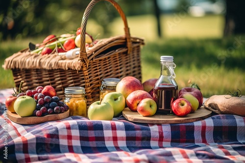 Picnic basket with fruit and vegetables on a blanket in the park. Summer picnic with fresh fruits and croissants in the garden. Selectiv focus. photo