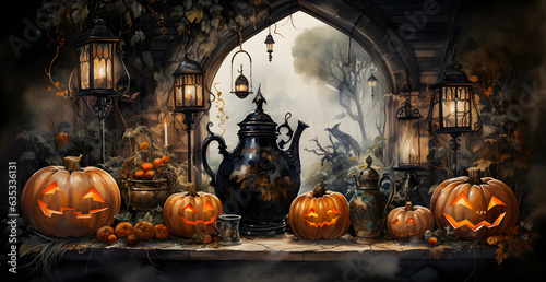 Genterative AI Illustration halloween background with pumpkins 