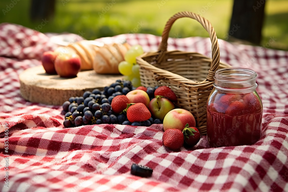 Picnic basket with fruit and vegetables on a blanket in the park. Summer picnic with fresh fruits and croissants in the garden. Selectiv focus. Picnic basket with fruit and vegetables on a blanket in the park. Summer picnic with fresh fruits and croissants in the garden. Selectiv focus.