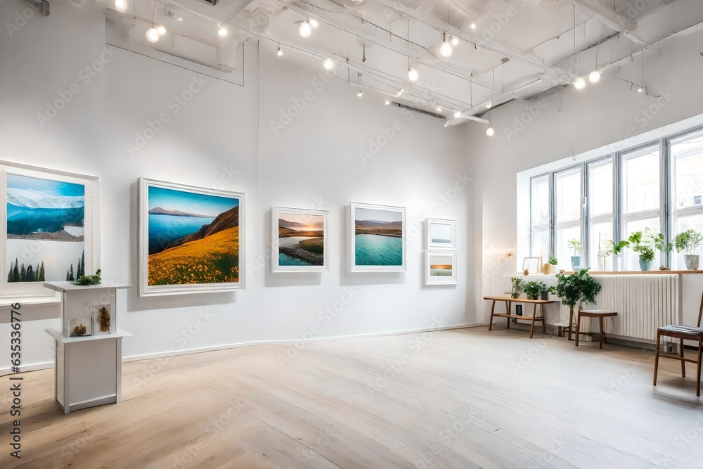 An art gallery with beautiful paintings displayed on minimalist white walls