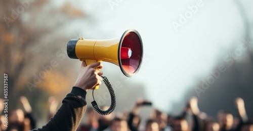 Obraz na płótnie Gripping megaphone with conviction, amplifying voice in powerful protest demonst