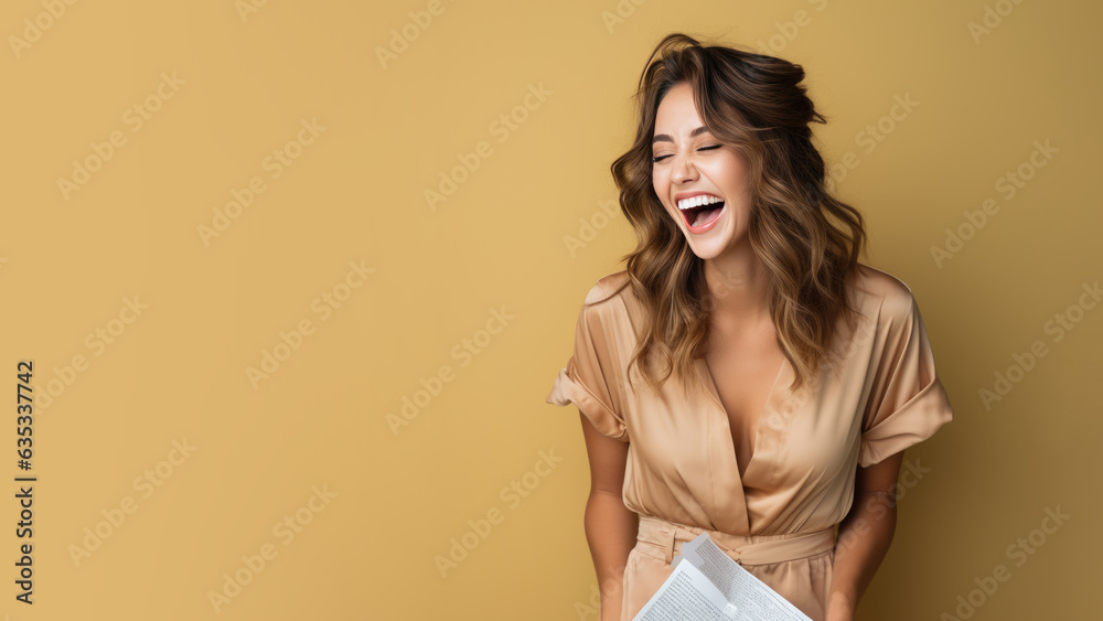 Brunette happy girl is laughing out loud isolated on pastel background with copy space Brunette happy girl is laughing out loud isolated on pastel background with copy space