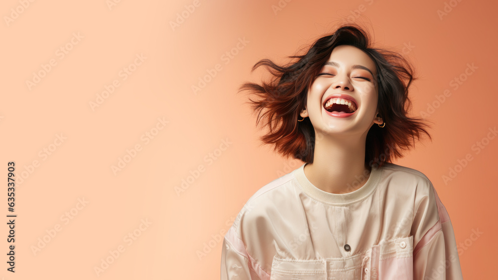 Happy korean girl is laughing out loud isolated on pastel background with copy space Happy korean girl is laughing out loud isolated on pastel background with copy space