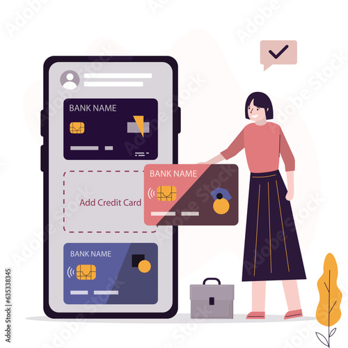 Smart businesswoman adds credit card to his mobile account. Online banking app or store application on modern smartphone. Female character administration financial and budget.
