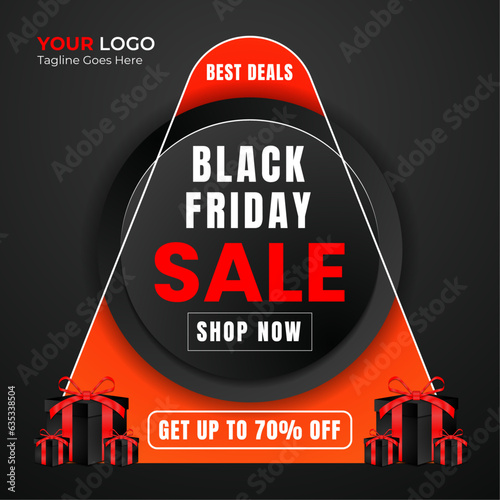 Editable Black Friday Sale banner design template vector illustration. Social media post design for Black Friday Sale. Advertising, promotional banner in black friday (ID: 635338504)