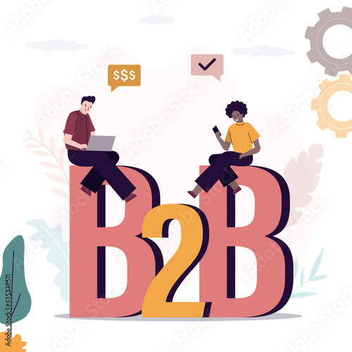 Businesspeople uses smart gadgets for talking and successful negotiations and agreement. b2b connection, business to business, concept. Business characters talking,