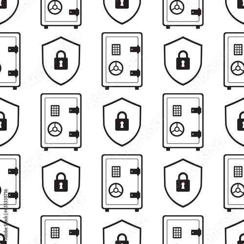 Metal bank safe and shield, seamless pattern template. Closed safe on white background. Money saving, closed steel safe. reliable protection. vector illustration.