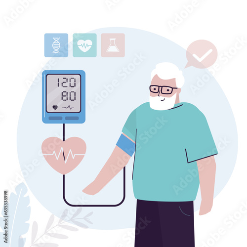 Elderly man measuring blood pressure by himself, normal blood pressure. Grandfather healthy lifestyle, healthcare and medicine concept. Tonometer examining checking heartbeat