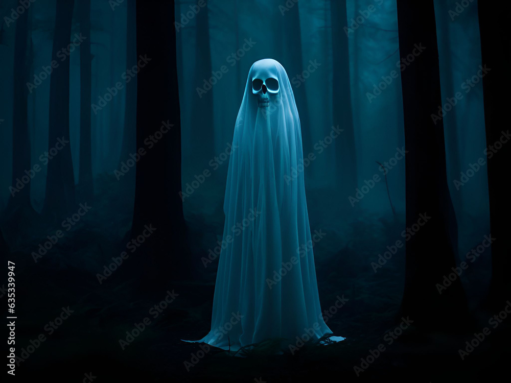 Ghost in dark mysterious forest for scary dark background. Generative ai Ghost in dark mysterious forest for scary dark background. Generative ai