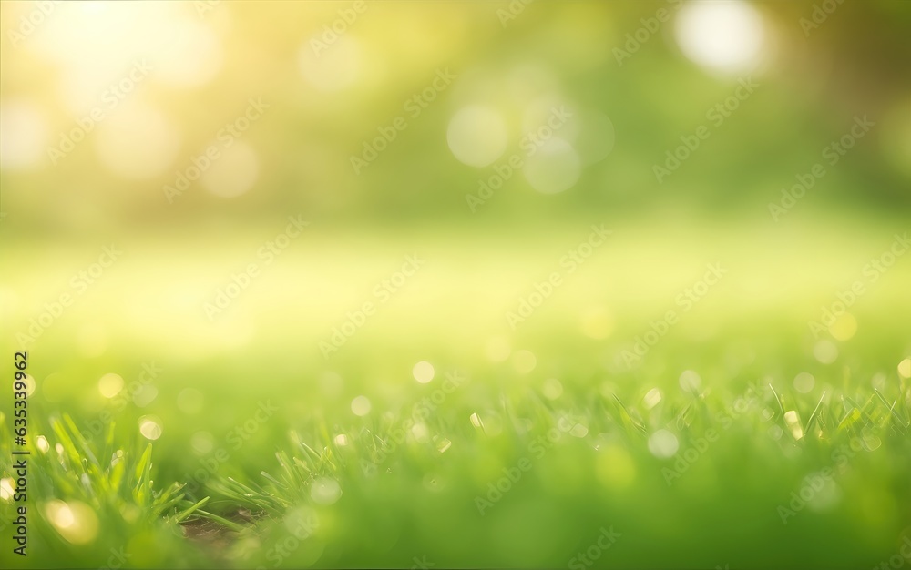 Green grass with bokeh defocused lights abstract background. Nature concept.