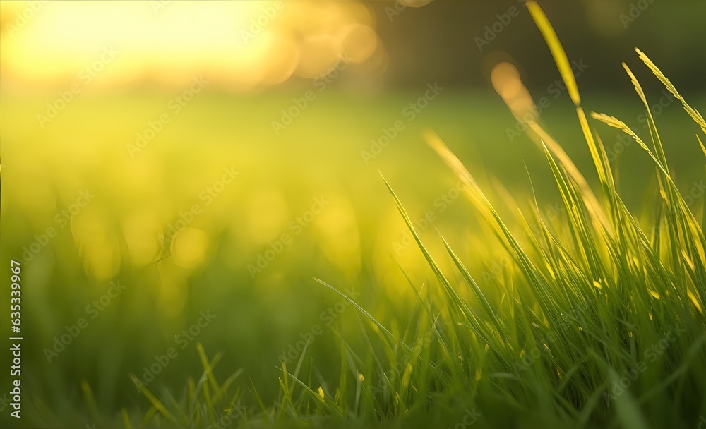 Green grass with bokeh defocused lights abstract background. Nature concept.