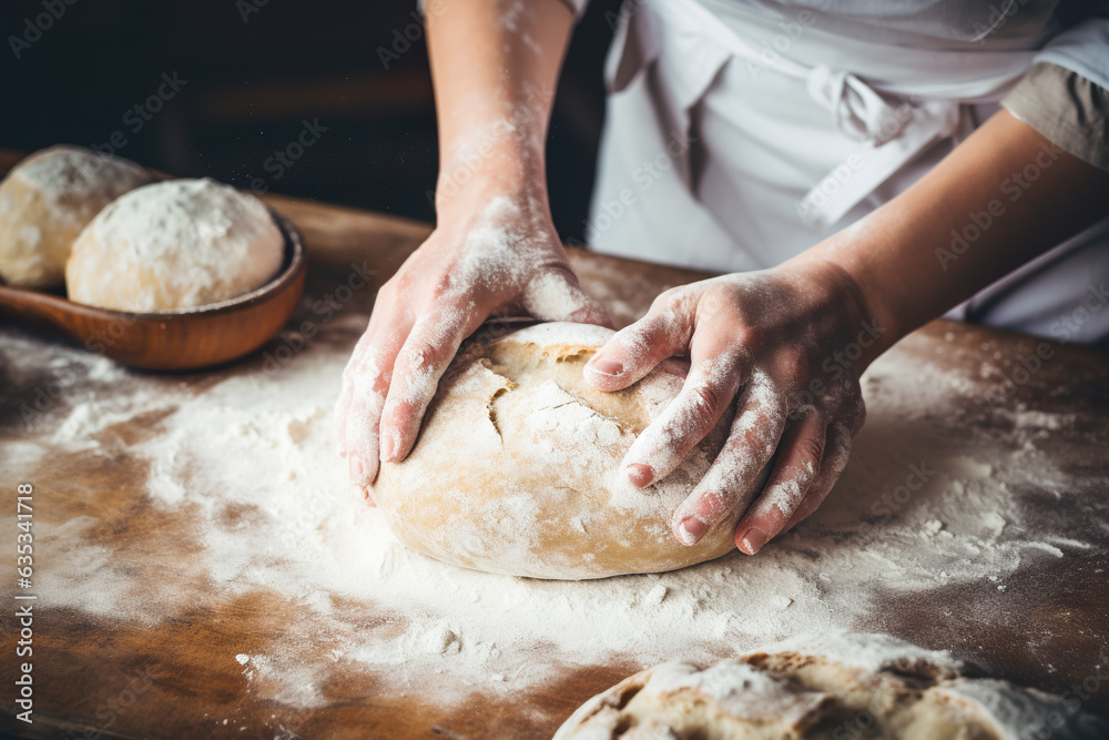 Female hands kneading dough on wooden table with flour in bakery