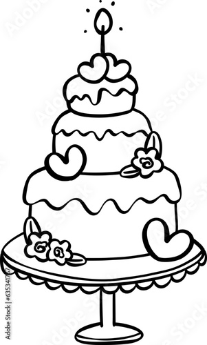 Cute Birthday cake outline doodle cartoon illustration © Natsicha
