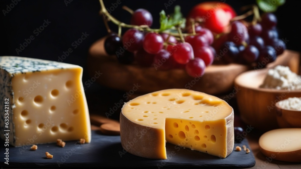 Cheese on rustic table. Generated with AI