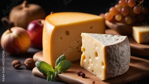 Various types of cheese on rustic wooden table, Generated with AI