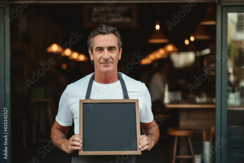 Man Holding a Blank Chalkboard in front of Restaurant AI Generated