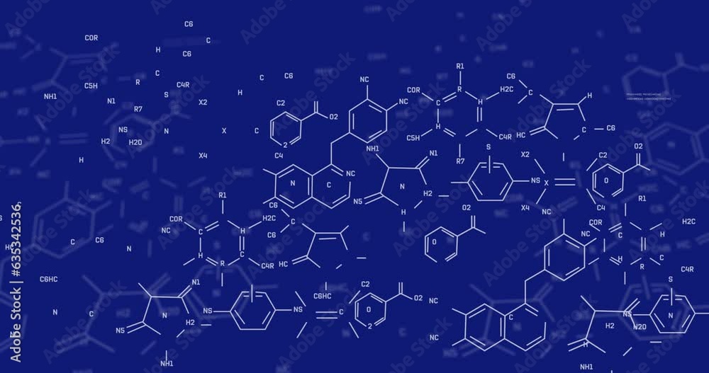 Animation of chemical structures and data processing against blue background Animation of chemical structures and data processing against blue background