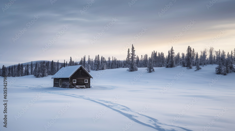Snowy winter landscape with lone cabin house in the back Snowy winter landscape with lone cabin house in the back