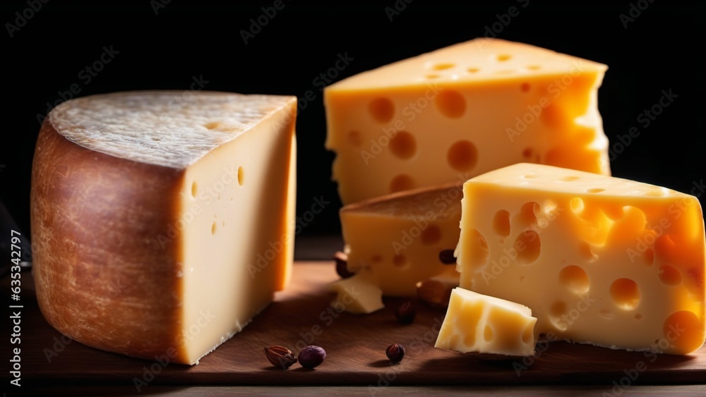 Various types of cheese on rustic wooden table, Generated with AI