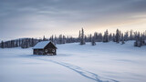 Snowy winter landscape with lone cabin house in the back