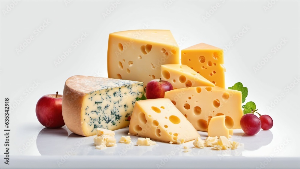 Various types of cheese on rustic wooden table, Generated with AI