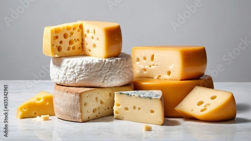 Various types of cheese on rustic wooden table, Generated with AI