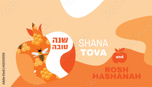 Rosh hashanah , Shana Tova - jewish new year holiday banner  template design. Pomegranate, honey, wine, menorah, candle, star David, apple, shofar, flower  Vector flat icon  illustration