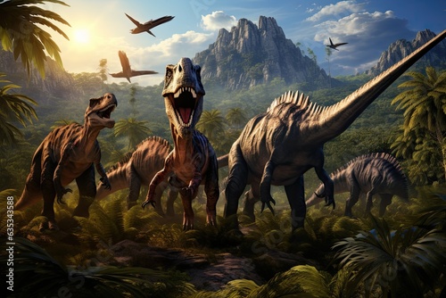 Diverse dinosaurs in dynamic pose amidst ancient foliage, towering mountains. Concept of prehistoric wildlife.