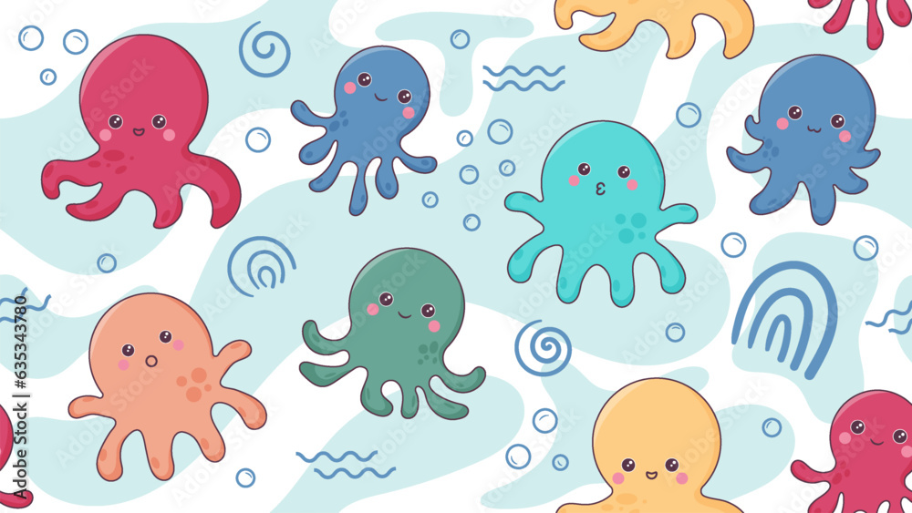 Octopus Kawaii Seamless Pattern in Doodle style. .use for Fashion Print, Fabric Print, Wrapping paper, Wallpaper design etc Octopus Kawaii Seamless Pattern in Doodle style. .use for Fashion Print, Fabric Print, Wrapping paper, Wallpaper design etc