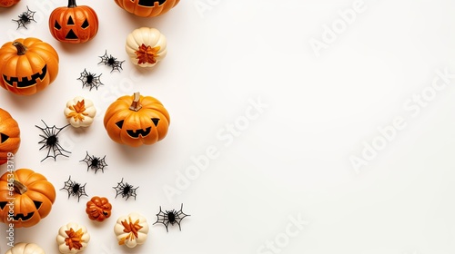 Happy halloween flat lay mockup with pumpkins, leaves and spider web on white background. Autumn holiday concept composition. Top view with copy space. 