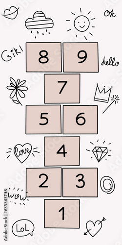 Hand draw hopscotch children game . Cute vector illustration of a summer kids outdoor game. Cartoon hopscotch painted on asphalt for a girl. Jumping game. Play Mat nursery pink and black.