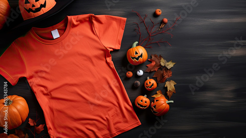Black womens t-shirt halloween mockup with pumpkin and leaves on black background. Design t shirt template, print presentation mock up. Top view flat lay