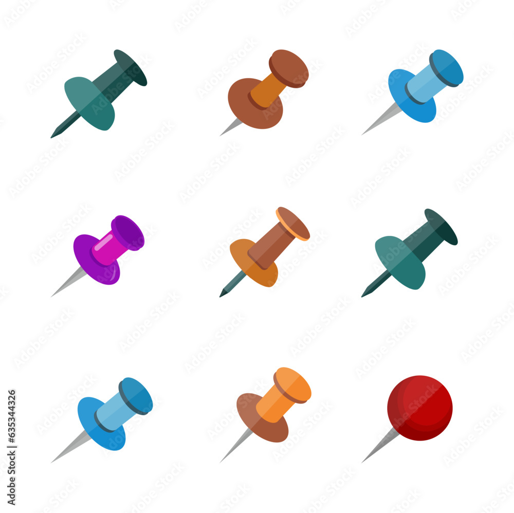 Paper Pin Attached, Vector Illustration Clip Art Set, Paper Pin Reminder Thumb Button Pin. Paper Pin Attached, Vector Illustration Clip Art Set, Paper Pin Reminder Thumb Button Pin.