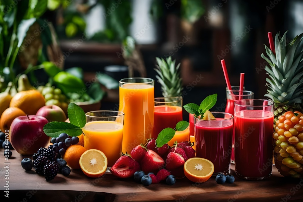 Colorful fresh juices and some fruits near on the table Colorful fresh juices and some fruits near on the table