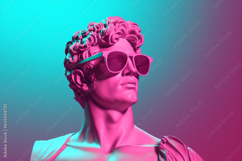 Apollo statue weating sunglasses, creative art with pink and blue neon colors. Generative AI Apollo statue weating sunglasses, creative art with pink and blue neon colors. Generative AI