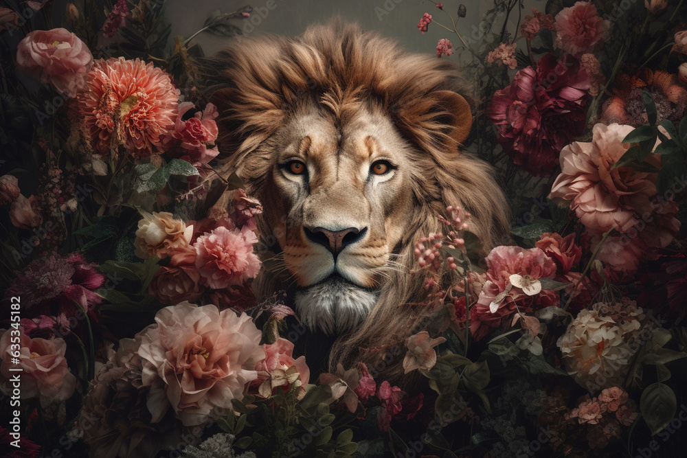Lion wild cat abstract portrait with flowers and leaves. Creative animal portrait. Generative Ai.