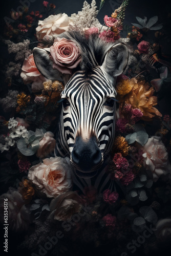 Zebra abstract portrait with flowers and leaves. Creative animal portrait. Generative Ai.