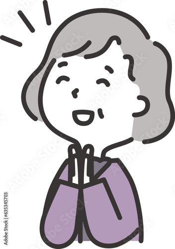 斜め上を見上げて手を合わせて喜んでいる高齢女性のイラスト