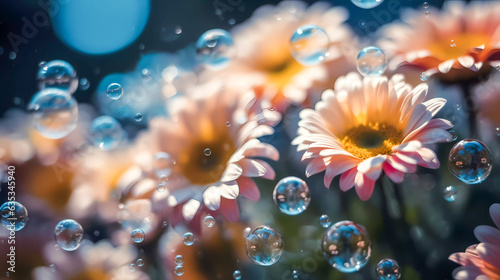 Multicolored wildflowers with soap bubbles, closeup. Nature background. Generative AI technology. © Grycaj