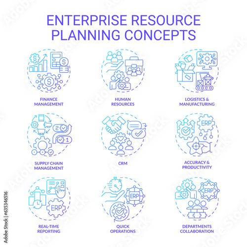 2D gradient icons set representing enterprise resource planning concepts, isolated vector, thin line illustration.