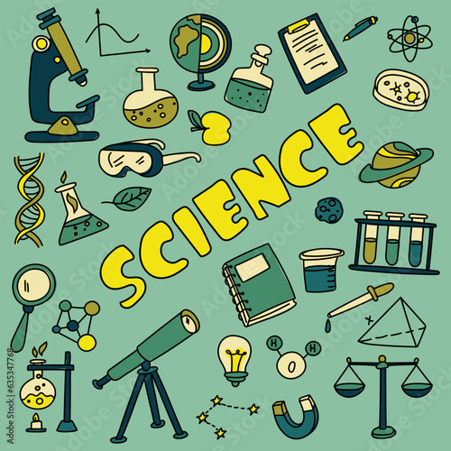 A set of hand-drawn vector contours with color on the theme of science, education and school. Doodle elements with an inscription. A flask with doodle elements, book, notebook, microscope, telescope