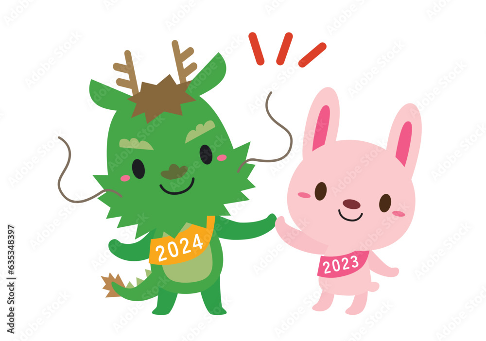 辰年・卯年 干支交代 キャラクター イラスト/ハイタッチ01・線なし 辰年・卯年 干支交代 キャラクター イラスト/ハイタッチ01・線なし