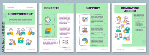 Sustainable green unretirement brochure template, multicolor leaflet design with thin linear icons, 4 vector layouts.