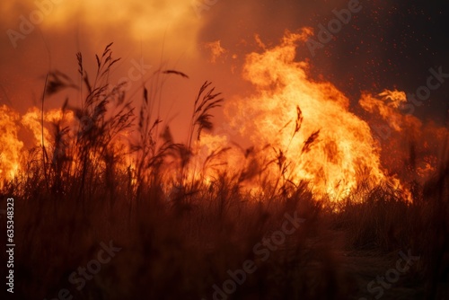 Dry grass is burning  fire in the field  forest  natural disaster  severe drought