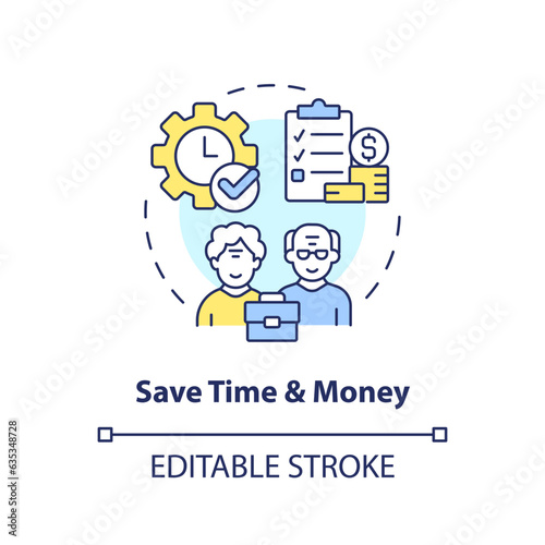 2D editable save time and money thin line icon concept, isolated vector, multicolor illustration representing unretirement. photo