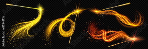 Magic wand with wizard spell sparkle light vector. Magician fairy glitter trail effect with glowing stick on black background. Fantasy spiral vortex shine isolated. Fairytale abracadabra wish neon