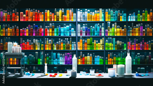a pharmaceutical laboratory filled with shelves stacked high with colorful pill bottles and test tubes, symbolizing the vast array of cancer drugs available © catalin