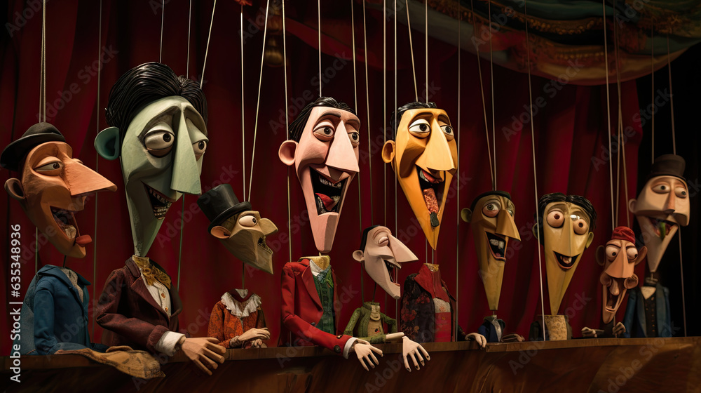 Puppets with long noses on their strings, caricatures for politicians, various characters Puppets with long noses on their strings, caricatures for politicians, various characters